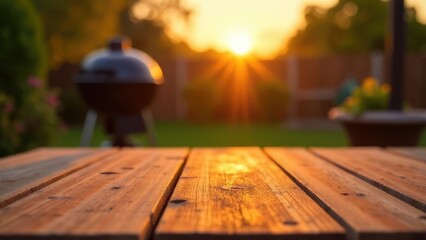 A wooden table is set against a blurred backyard with a sunset and grill. Concept of outdoor grilling.