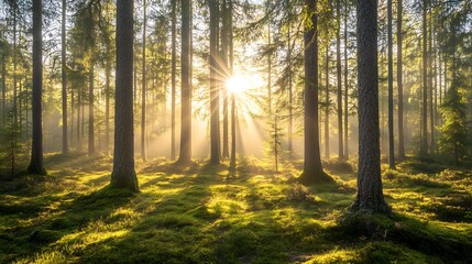 Obraz premium Sunlit Forest With Mossy Ground And Tall Trees