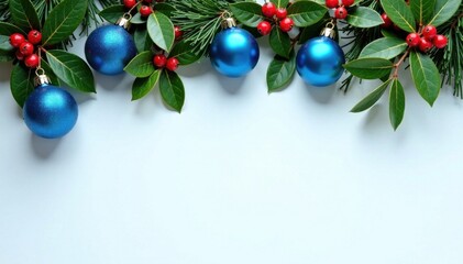 Blue ornament garland featuring holly, mistletoe, and berries, holiday, ornaments, mistletoe