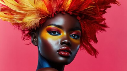 Obraz premium Portrait of a beautiful black woman with bold face paint and red-yellow feathers. Space for text.