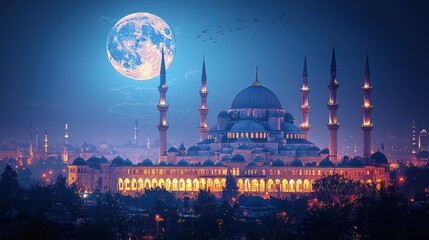 Fototapeta premium Illuminated mosque under a full moon at night, cityscape background; Ramadan or religious celebration
