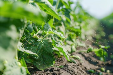 Fototapeta premium Swarm of brightly colored beetles feeding on lush green leaves in a vibrant garden during sunny afternoon