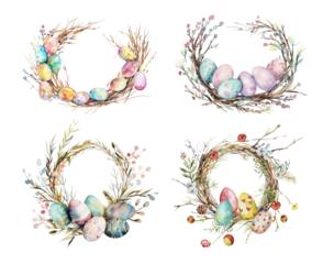 Happy Easter! Set of watercolor painting of a easter wreath with colorful eggs and spring flowers isolated on transparent background