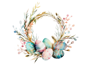 Happy Easter! Watercolor painting of a easter wreath with colorful eggs and spring flowers isolated on transparent background
