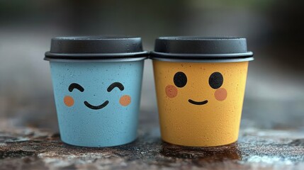 Happy coffee cups on wood, outdoors, friendship
