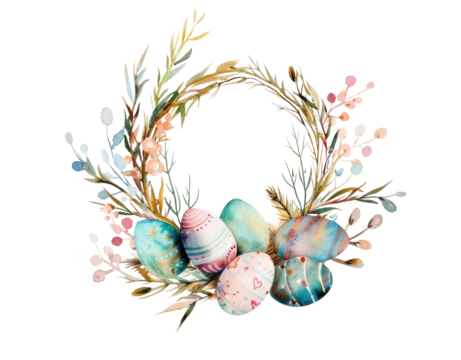 Happy Easter! Watercolor painting of a easter wreath with colorful eggs and spring flowers isolated on transparent background