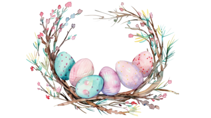 Happy Easter! Watercolor painting of a easter wreath with colorful eggs and spring flowers isolated on transparent background