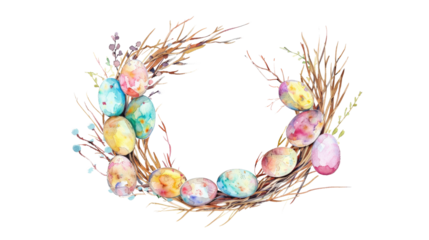 Happy Easter! Watercolor painting of a easter wreath with colorful eggs and spring flowers isolated on transparent background