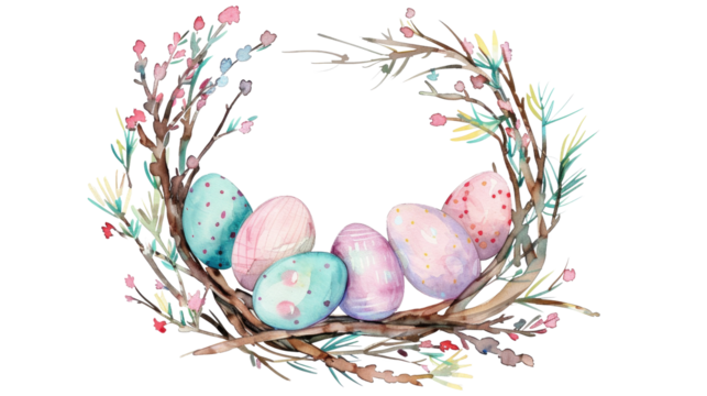 Happy Easter! Watercolor painting of a easter wreath with colorful eggs and spring flowers isolated on transparent background
