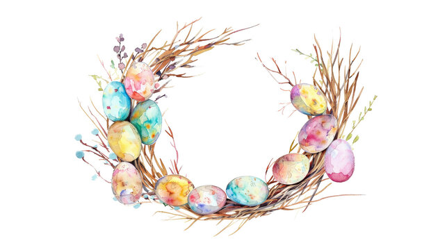 Happy Easter! Watercolor painting of a easter wreath with colorful eggs and spring flowers isolated on transparent background