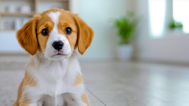 A small brown and white dog sitting on the floor - Powered by Adobe