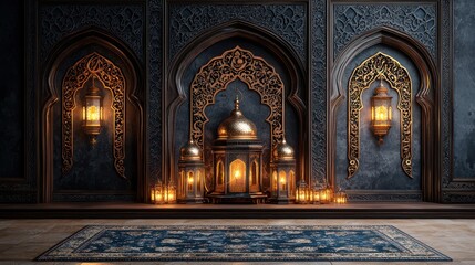 Obraz premium Ramadan lanterns illuminate ornate Islamic arches, prayer rug; festive background