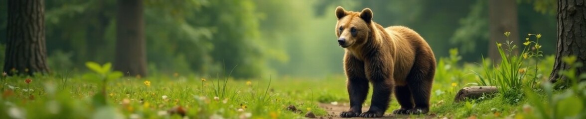 Fototapeta premium Brown bear standing on forest ground with paws spread wide, landscape, fur, nature