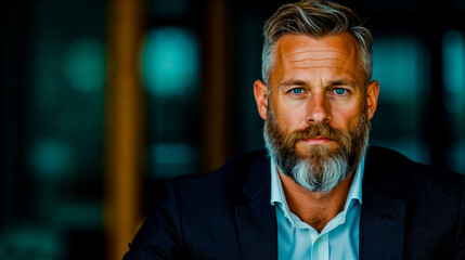 Fototapeta premium A man with a beard wearing a suit and blue shirt
