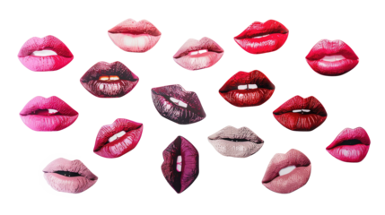 Set of beautiful red lips on transparent