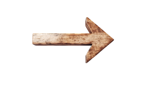 Wooden 3D directional arrow pointing rightward, signaling progress, choice, navigation against transparent backdrop