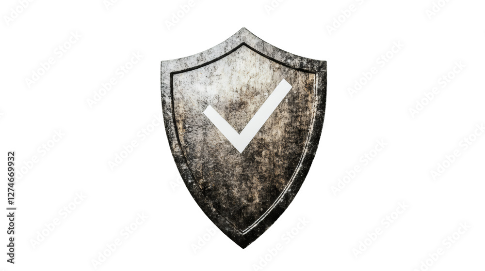 Poster metallic shield protecting with white checkmark, symbolizing cybersecurity and digital safety agains