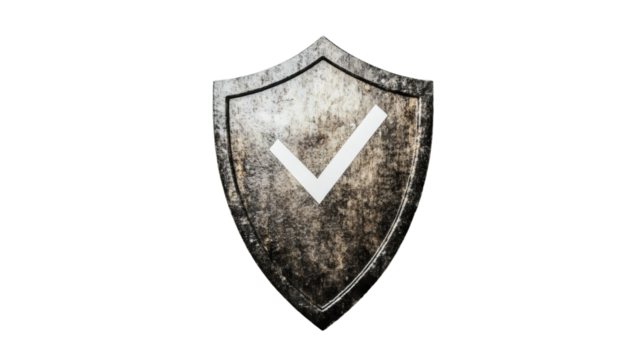 Metallic shield protecting with white checkmark, symbolizing cybersecurity and digital safety against transparent backdrop