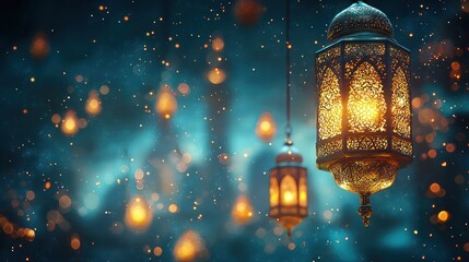 Obraz premium Festive lanterns illuminate night, celebrating Ramadan
