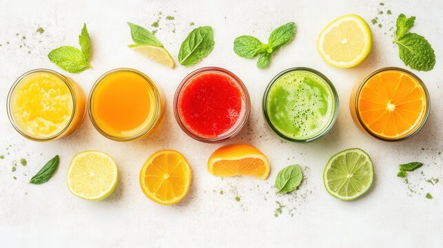 Colorful assortment of fresh fruit juices with garnishes on a light background - Powered by Adobe