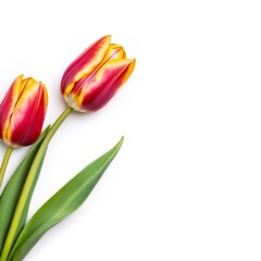 Fototapeta premium Two red and yellow tulips are in a vase with green leaves