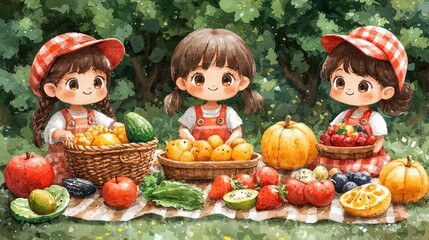 Happy girls harvest fruits & vegetables outdoors; picnic; garden background; perfect for children's books