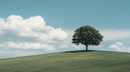 Solitary Tree on a Rolling Green Hill Under a Cloudy Sky