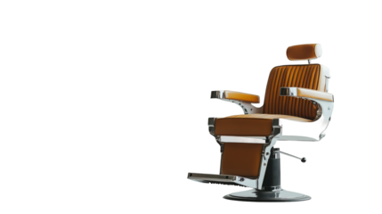 Empty vintage barber chair with chromed details and orange leather upholstery isolated on transparent background
