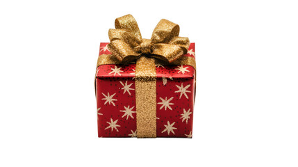 Red Christmas gift box wrapped in golden ribbon and adorned with snowflakes on a transparent background, ideal for festive greetings