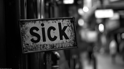 Worn Metal Sign Displaying the Word "Sick" in Gritty Urban Environment with High Contrast Lighting and Blurred Background