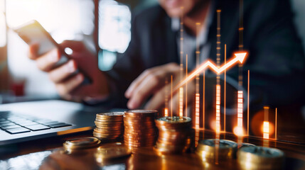 Businessman analyzing financial growth with digital graph and coins on desk