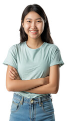 Fototapeta premium Young smiling happy cheerful fun satisfied cool woman wearing casual clothes looking camera isolated on transparent. Lifestyle concept