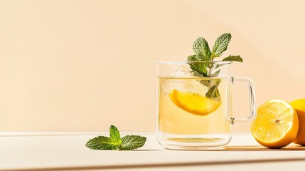 Fototapeta premium Fresh hot tea from green mint leaves in glass mug on beige background. Herbal healthy drink in cup