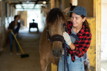 Young pretty girl farmer in plaid shirt and gloves petting and caressing horse, woman cleaning...