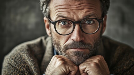 An introspective portrait capturing a thoughtful expression of a middle-aged man with glasses, conveying a sense of contemplation and depth in a casual setting.