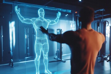 A virtual AI fitness coach guides a man through a personalized workout session