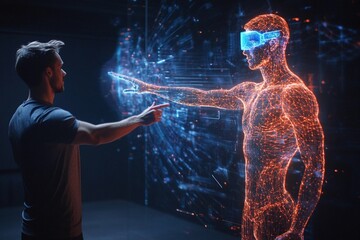 A virtual AI fitness coach guides a man through a personalized workout session