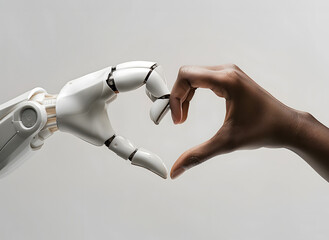 A white ai robot hand and a black human hand come together to form the shape of a heart. Heart shaped by human and ai robot hands. Isolated on light grey background.