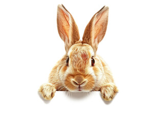 An Easter bunny rabbit peeking around a sign on transparent