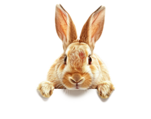 An Easter bunny rabbit peeking around a sign on transparent