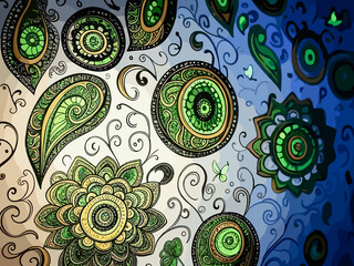 Intricate green and gold mandala paisley designs on a softly colored background showcasing artistic creativity