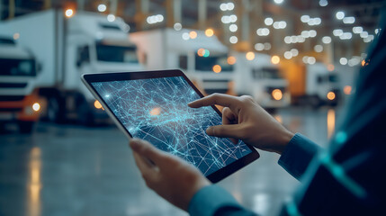 Logistics professional analyzing data on a tablet while coordinating transportation in a busy warehouse environment