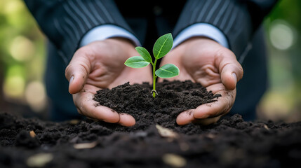 Hands in a formal suit gently cupping freshly cultivated soil with a young green plant emerging, symbolizing growth and new beginnings