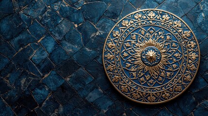 Obraz premium Ornate blue and gold shield on stone background; decorative design; website banner