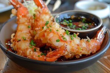 Delicious and crispy shrimp served with a flavorful dipping sauce in an upscale restaurant setting during lunchtime