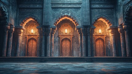 Ancient palace courtyard, ornate doors, night, Islamic architecture, fantasy setting, game background
