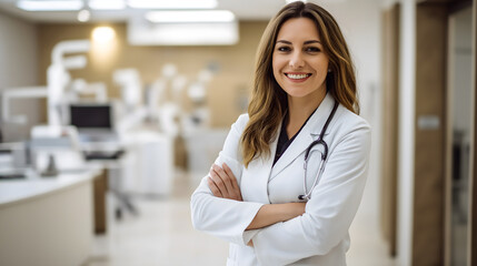 Confident female doctor in white coat standing with arms crossed in a modern medical facility during daytime