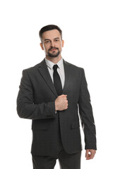 Confident man in classic suit on white background