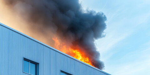 Fire at a manufacturing facility. Exterior of a warehouse or factory with black smoke from the flames. Responsibility for fire safety in the manufacturing industry.