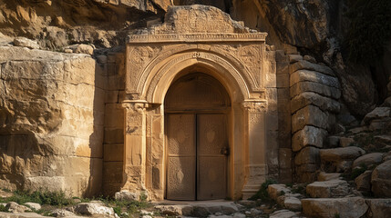 The Monastery (Ad-Deir)âs massive stone doorway, showing its detailed faÃ§ade against the rugged cliffs